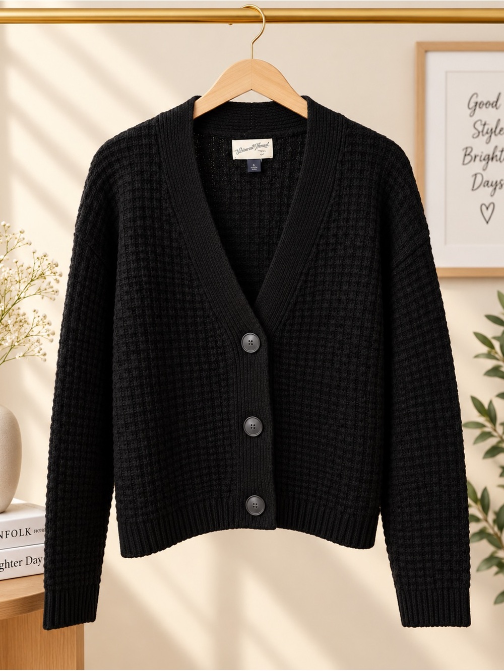 Black Waffle Knit Button Cardigan Sweater - Women